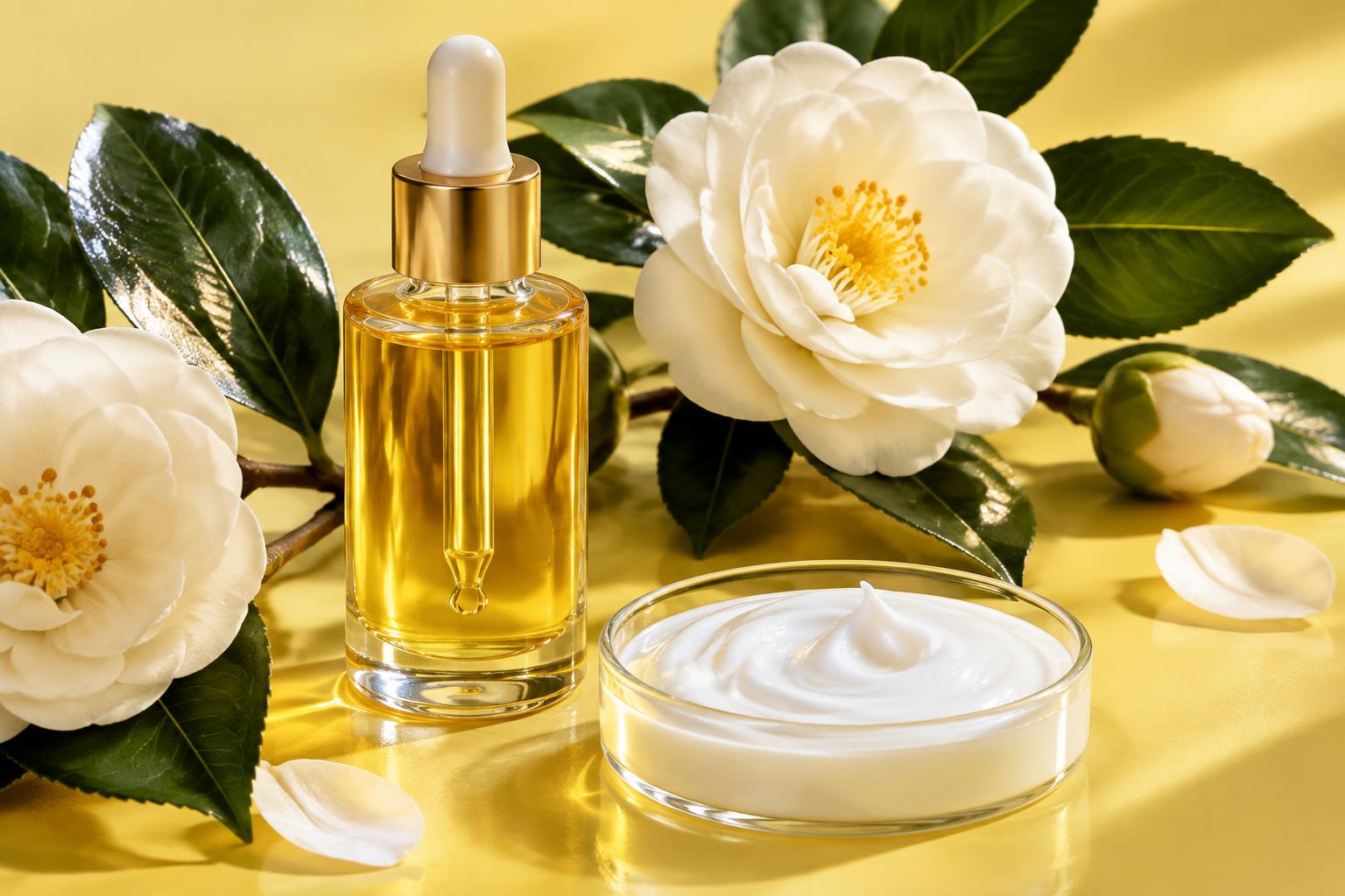 Camellia flowers, beauty oil and cream